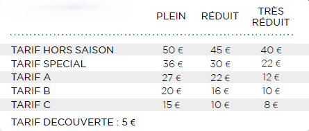 tarifs saison 2026-2027